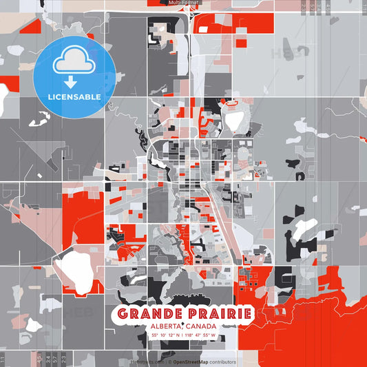 Grande Prairie, Alberta, Canada - modern street map poster template with gray and red tones