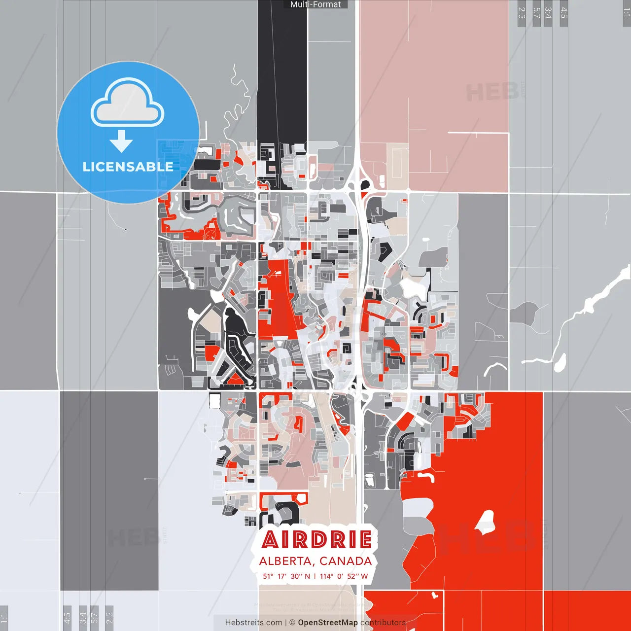Airdrie, Alberta, Canada - modern street map poster template with gray and red tones