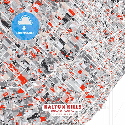 Halton Hills, Ontario, Canada - modern street map poster template with gray and red tones