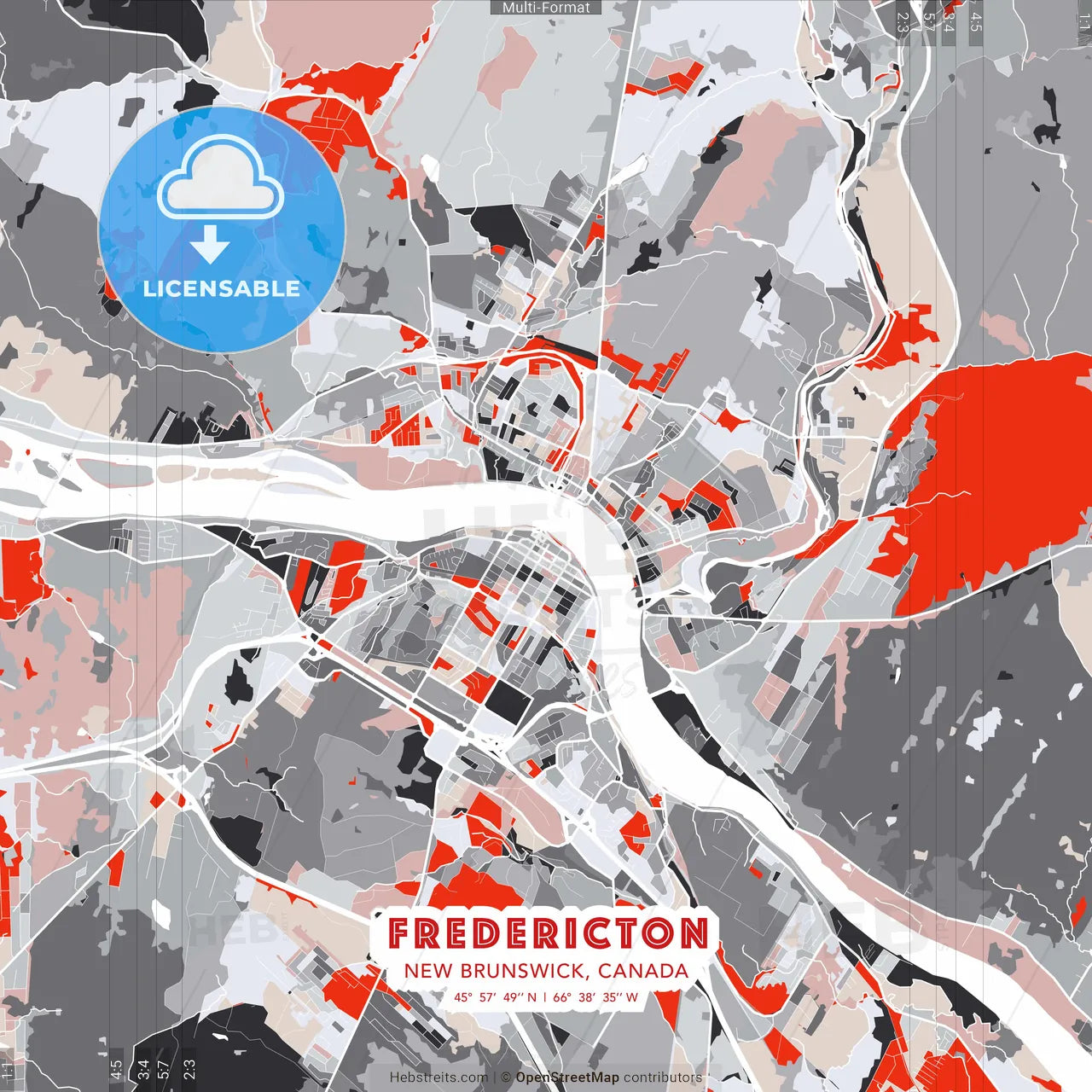 Fredericton, New Brunswick, Canada - modern street map poster template with gray and red tones