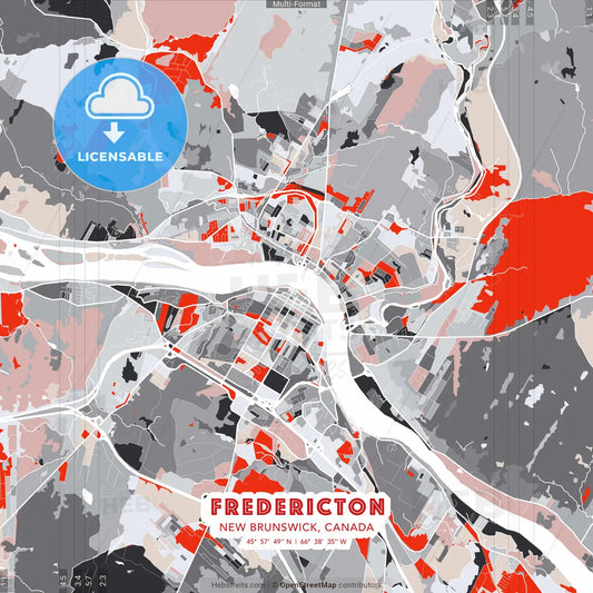 Fredericton, New Brunswick, Canada - modern street map poster template with gray and red tones