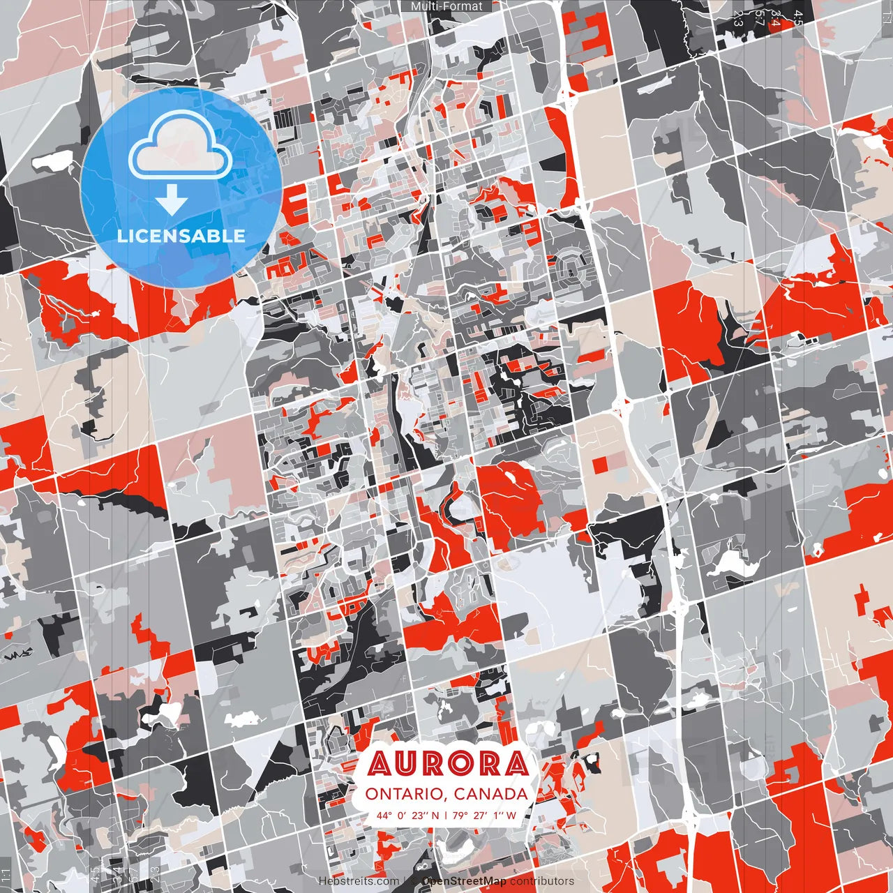 Aurora, Ontario, Canada - modern street map poster template with gray and red tones