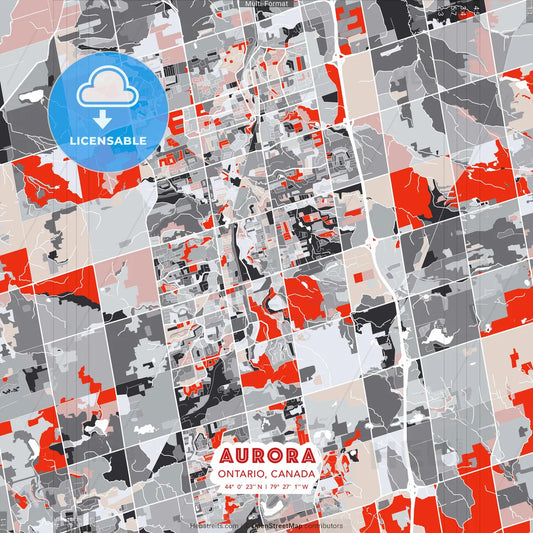 Aurora, Ontario, Canada - modern street map poster template with gray and red tones