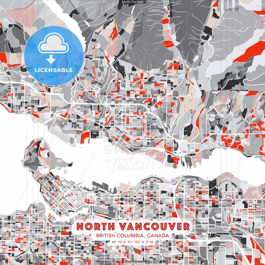 North Vancouver, British Columbia, Canada - modern street map poster template with gray and red tones