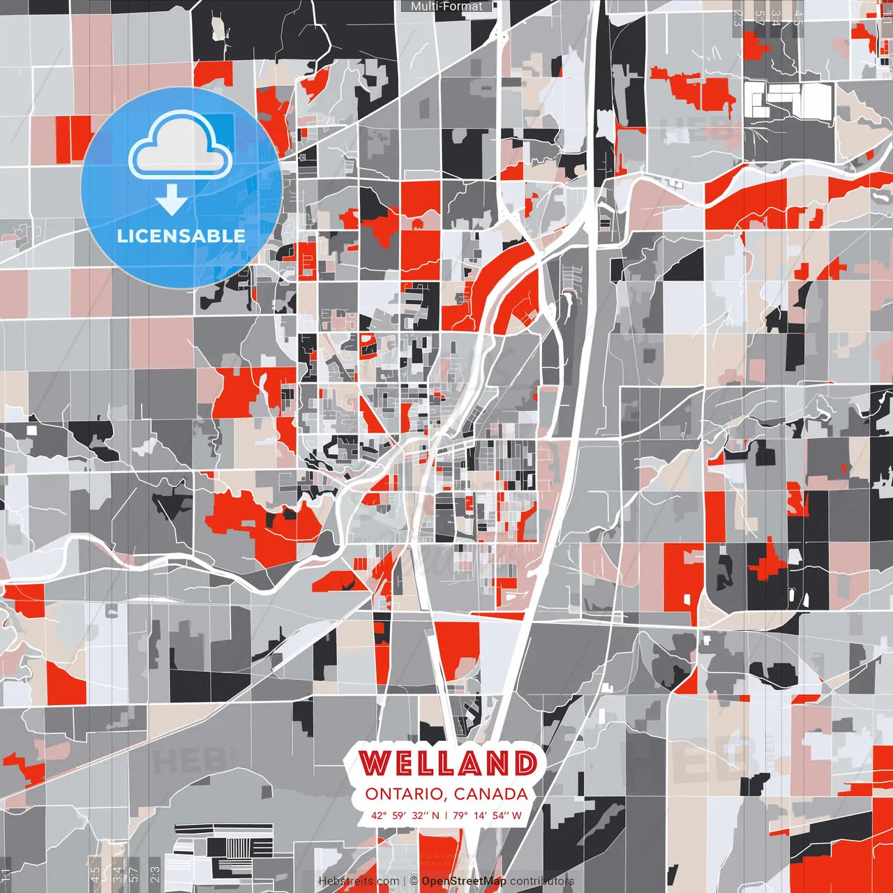 Welland, Ontario, Canada - modern street map poster template with gray and red tones