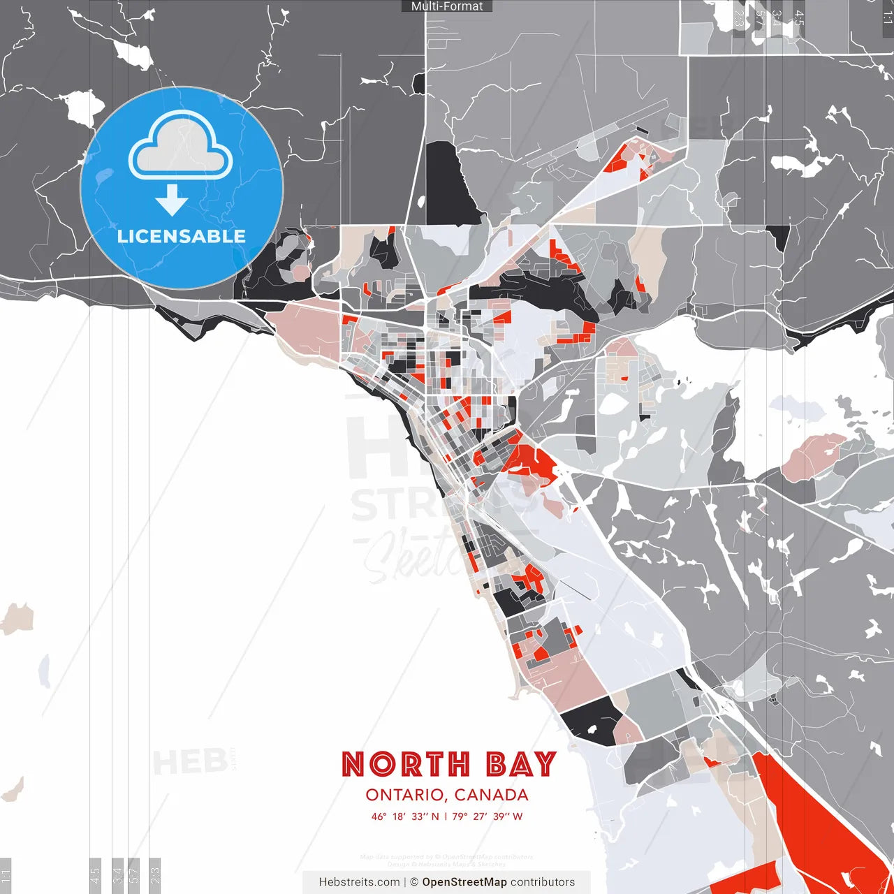 North Bay, Ontario, Canada - modern street map poster template with gray and red tones