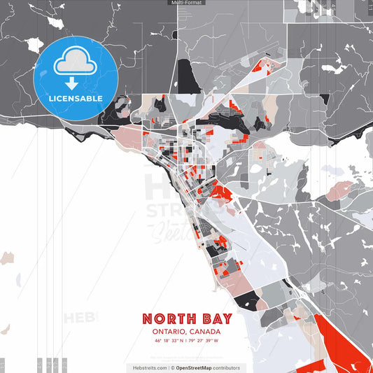 North Bay, Ontario, Canada - modern street map poster template with gray and red tones
