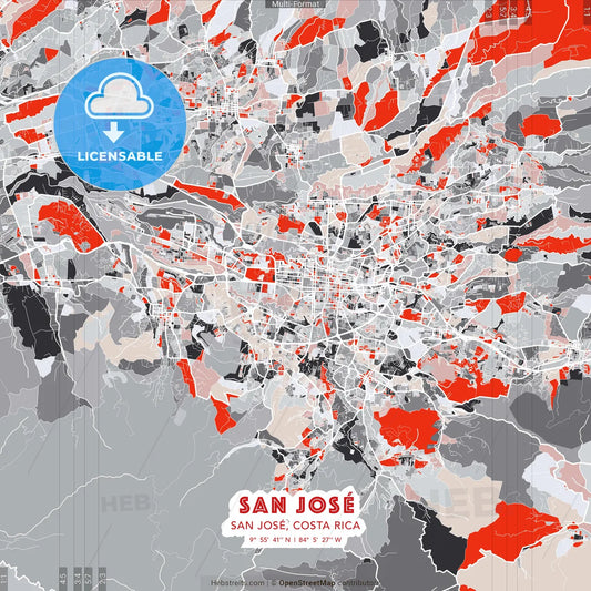 San José, San José, Costa Rica - modern street map poster template with gray and red tones