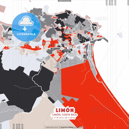 Limón, Limón, Costa Rica - modern street map poster template with gray and red tones