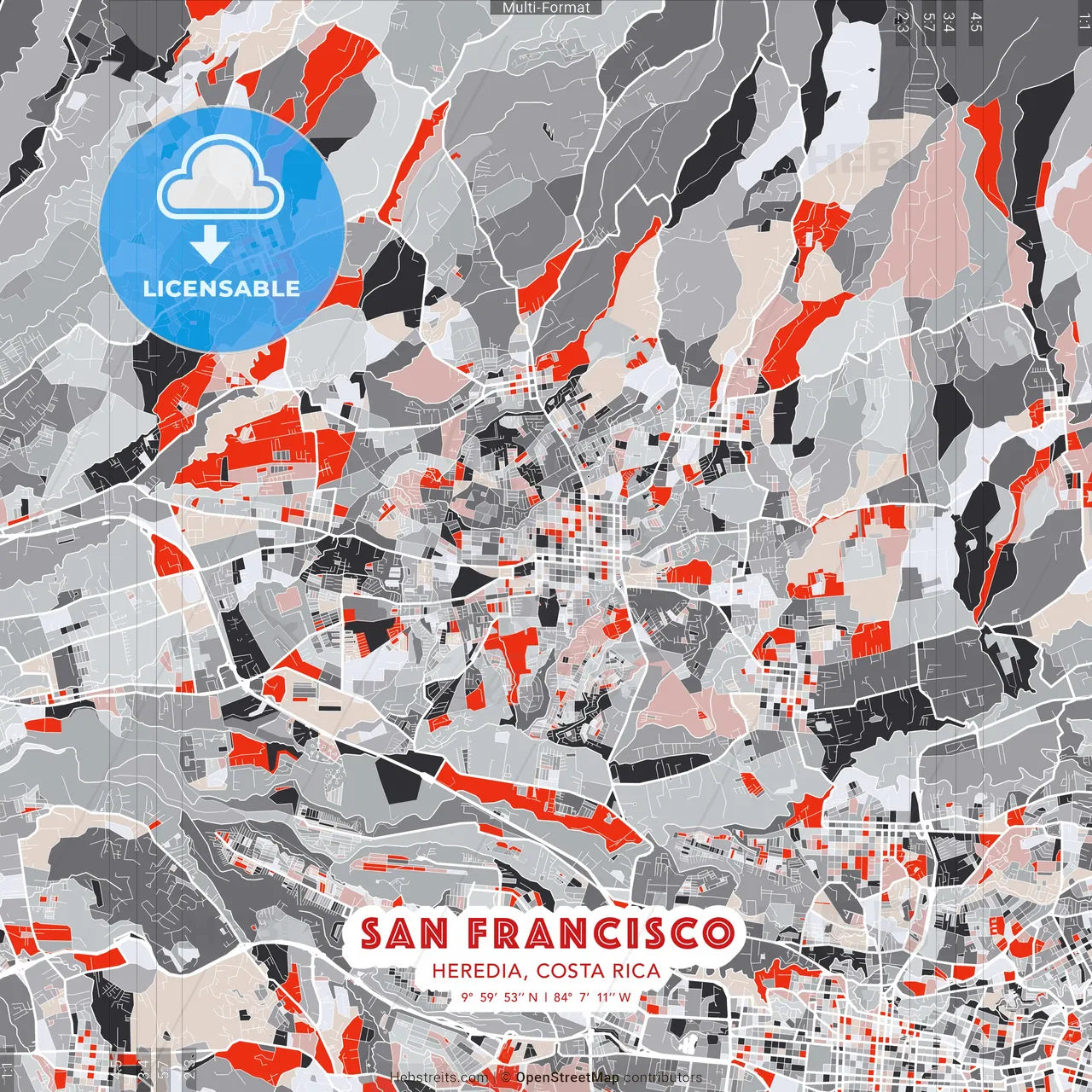 San Francisco, Heredia, Costa Rica - modern street map poster template with gray and red tones