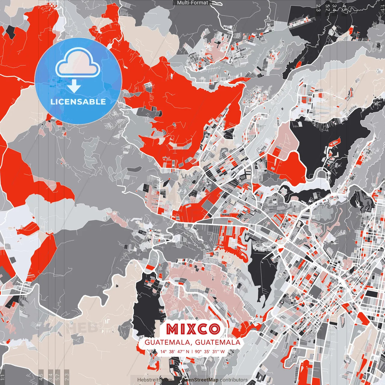 Mixco, Guatemala, Guatemala - modern street map poster template with gray and red tones