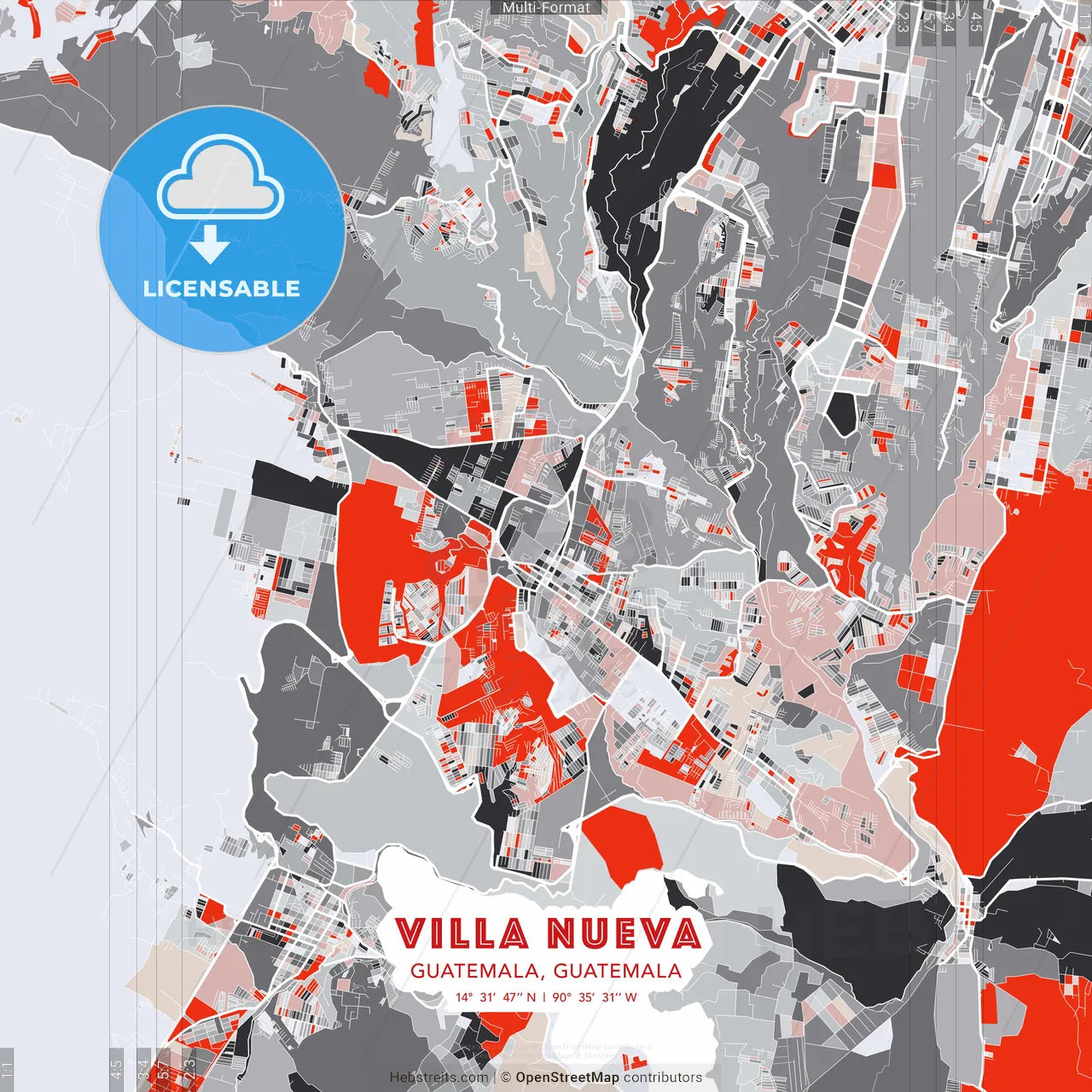 Villa Nueva, Guatemala, Guatemala - modern street map poster template with gray and red tones