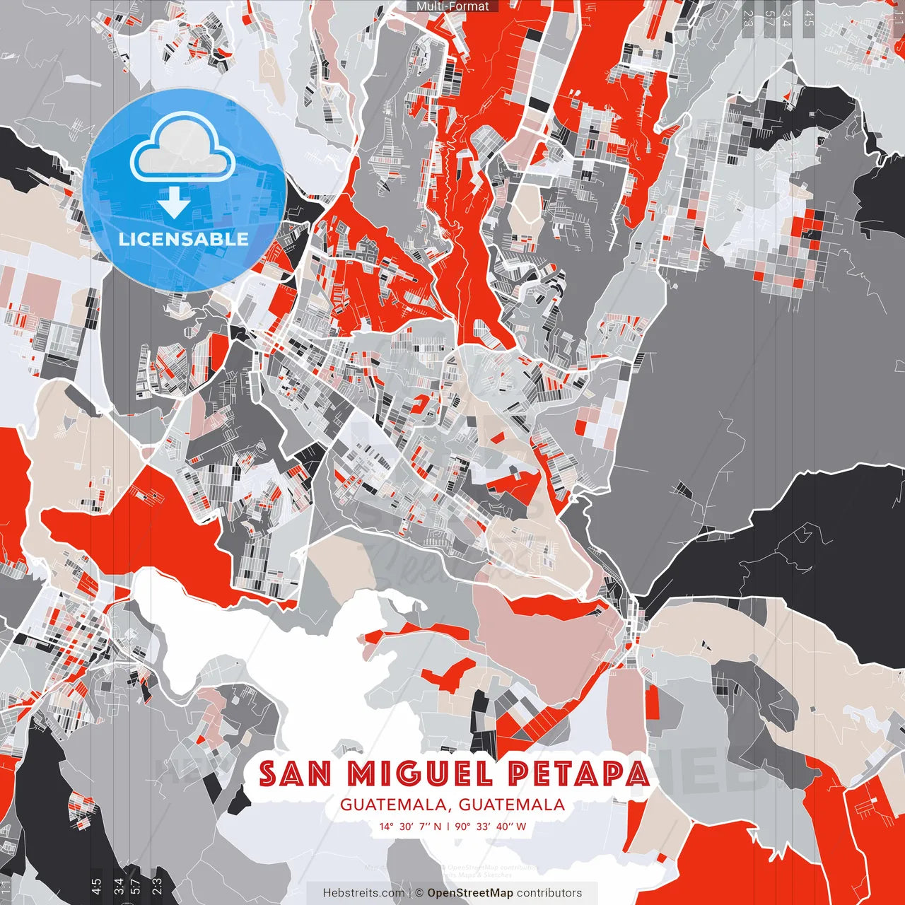 San Miguel Petapa, Guatemala, Guatemala - modern street map poster template with gray and red tones