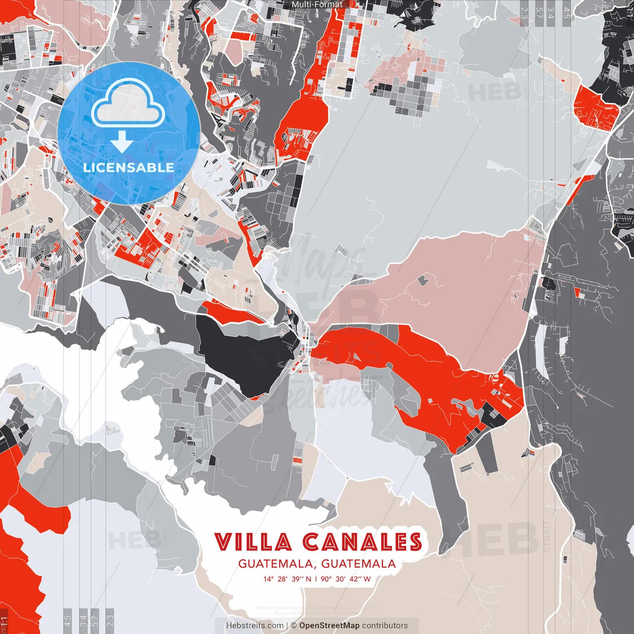 Villa Canales, Guatemala, Guatemala - modern street map poster template with gray and red tones
