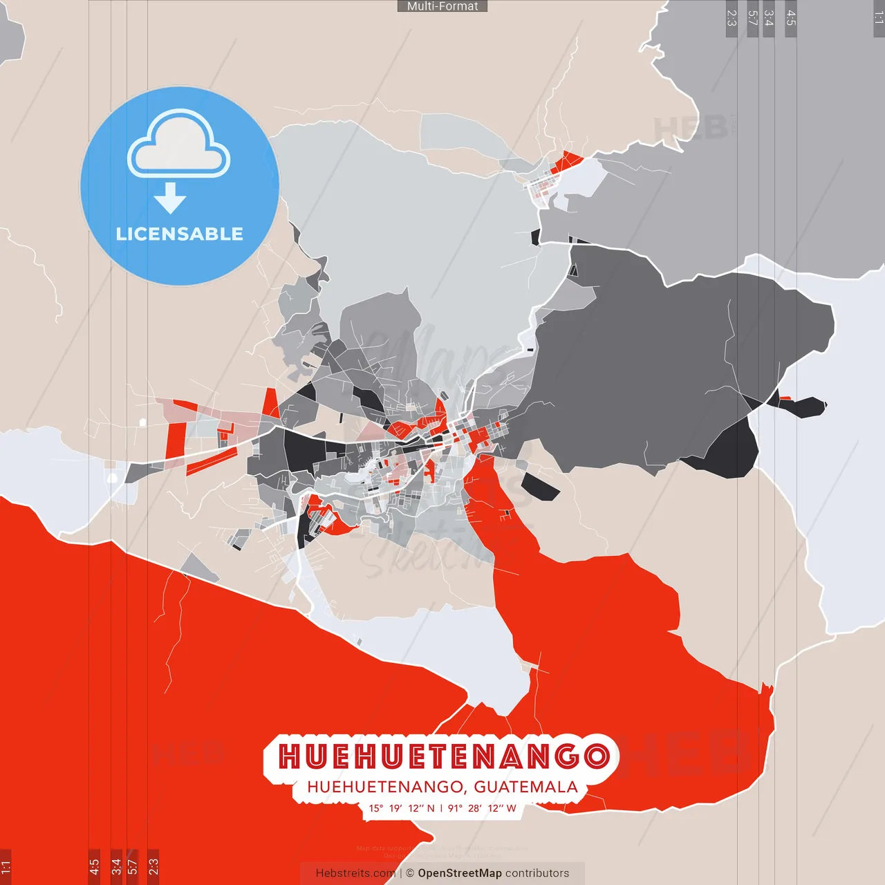 Huehuetenango, Huehuetenango, Guatemala - modern street map poster template with gray and red tones