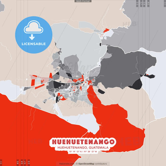 Huehuetenango, Huehuetenango, Guatemala - modern street map poster template with gray and red tones