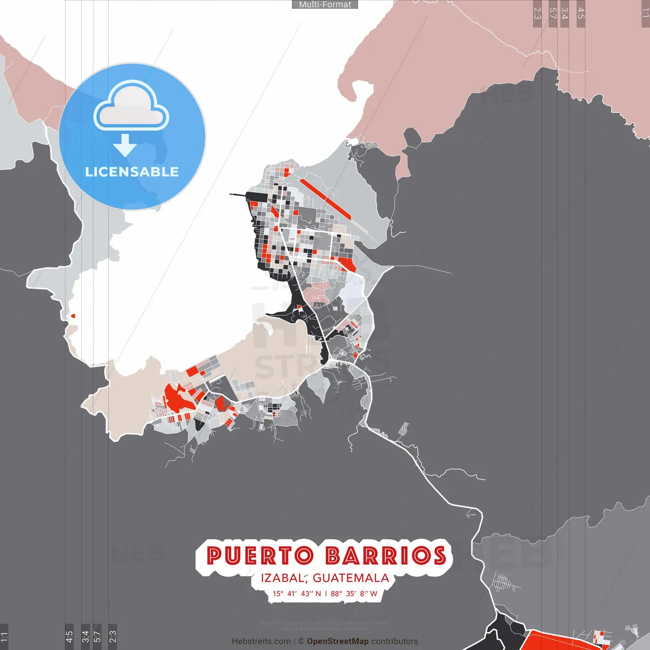 Puerto Barrios, Izabal, Guatemala - modern street map poster template with gray and red tones