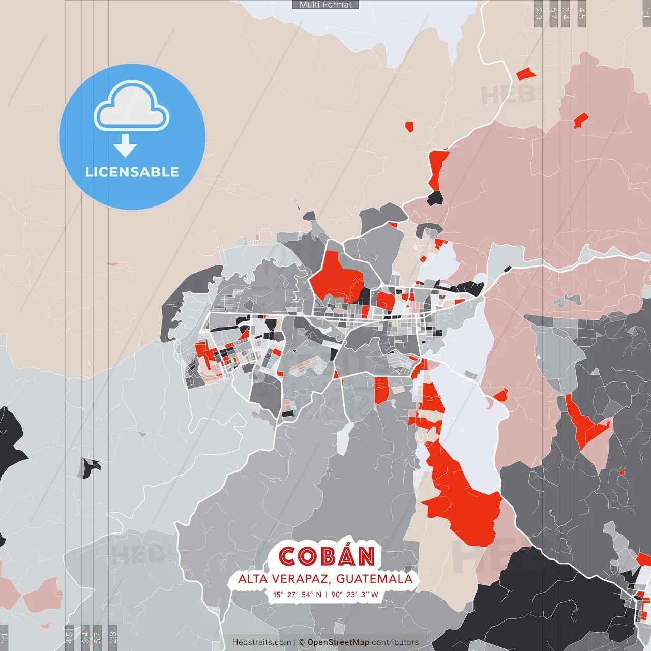 Cobán, Alta Verapaz, Guatemala - modern street map poster template with gray and red tones