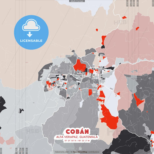 Cobán, Alta Verapaz, Guatemala - modern street map poster template with gray and red tones