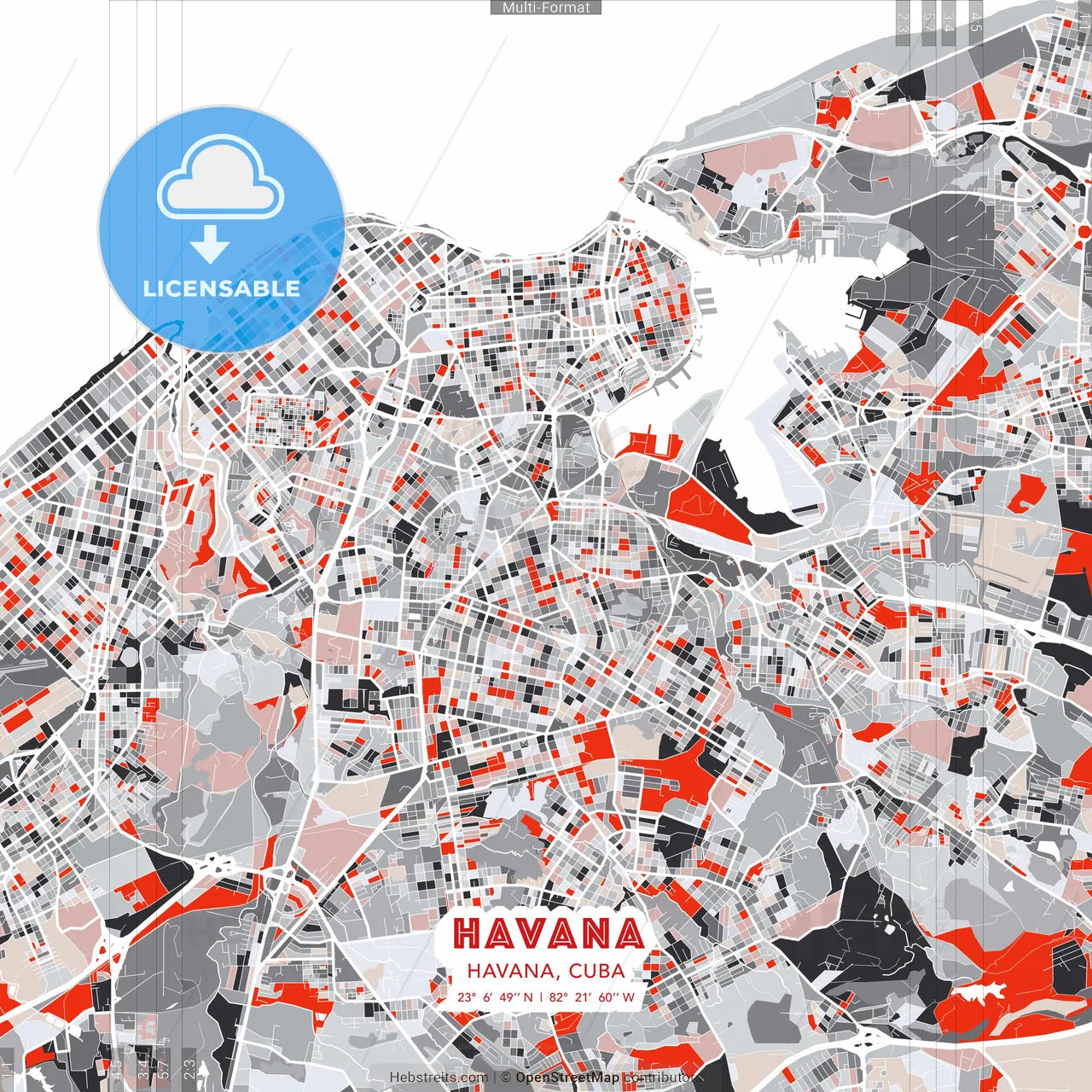 Havana, Havana, Cuba - modern street map poster template with gray and red tones