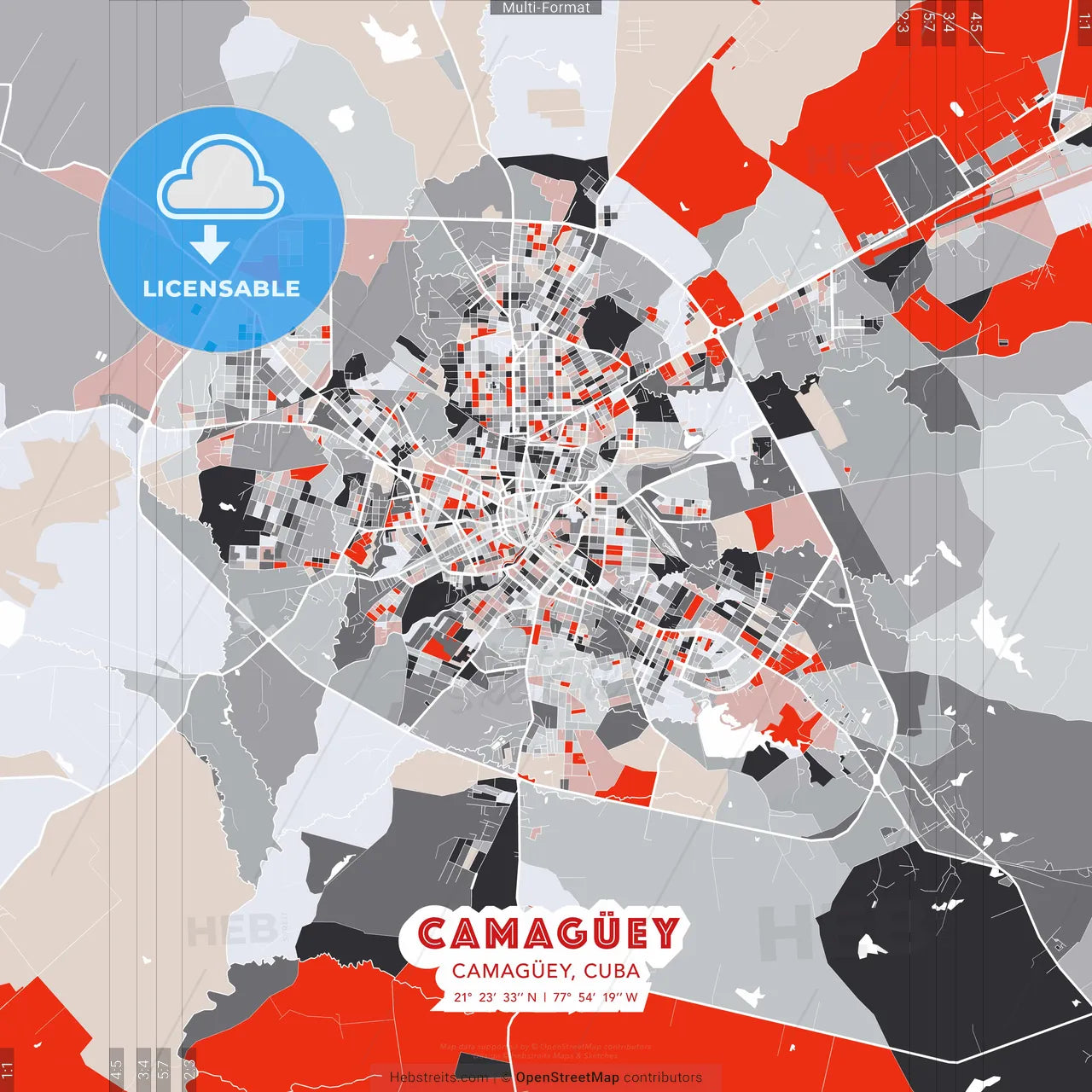 Camagüey, Camagüey, Cuba - modern street map poster template with gray and red tones