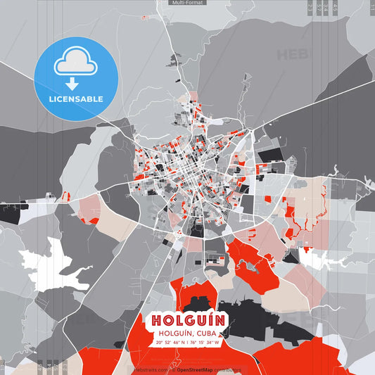 Holguín, Holguín, Cuba - modern street map poster template with gray and red tones