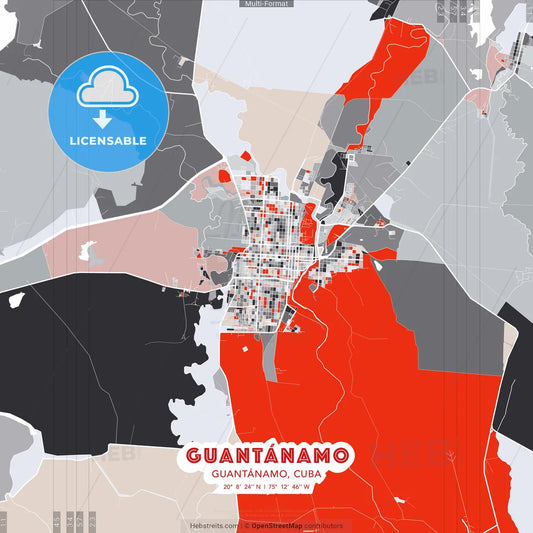 Guantánamo, Guantánamo, Cuba - modern street map poster template with gray and red tones