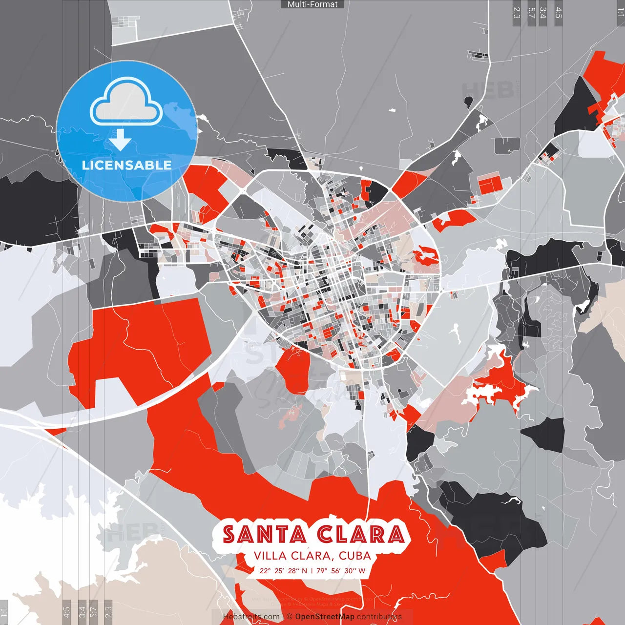 Santa Clara, Villa Clara, Cuba - modern street map poster template with gray and red tones