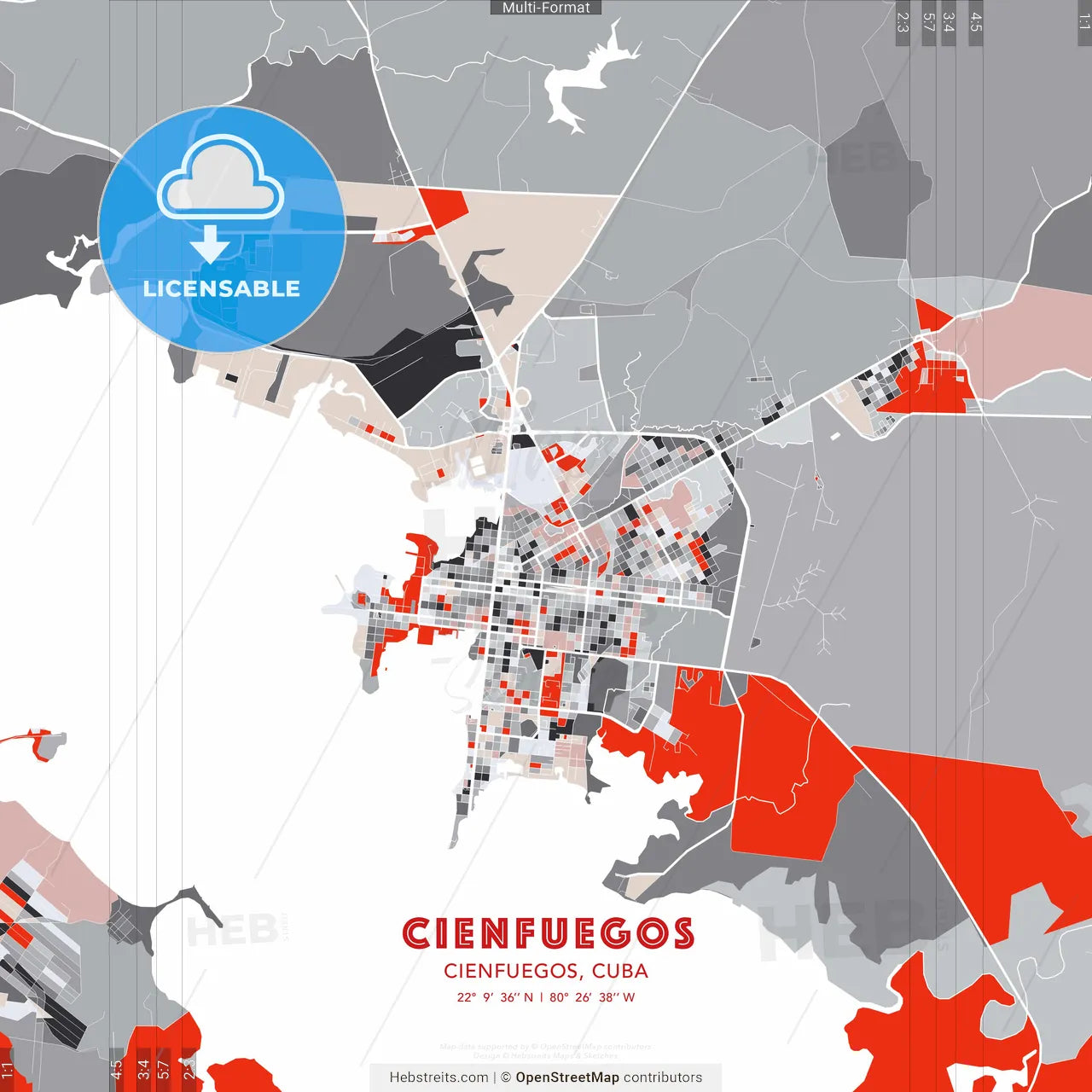 Cienfuegos, Cienfuegos, Cuba - modern street map poster template with gray and red tones