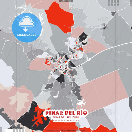 Pinar del Río, Pinar del Río, Cuba - modern street map poster template with gray and red tones