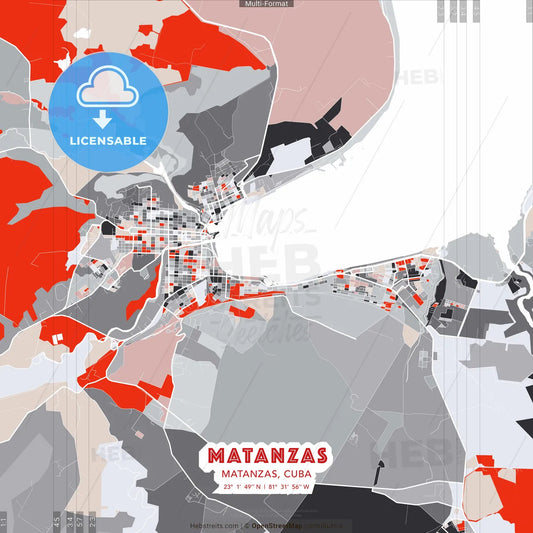 Matanzas, Matanzas, Cuba - modern street map poster template with gray and red tones