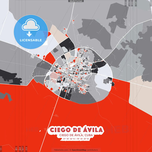 Ciego de Ávila, Ciego de Ávila, Cuba - modern street map poster template with gray and red tones