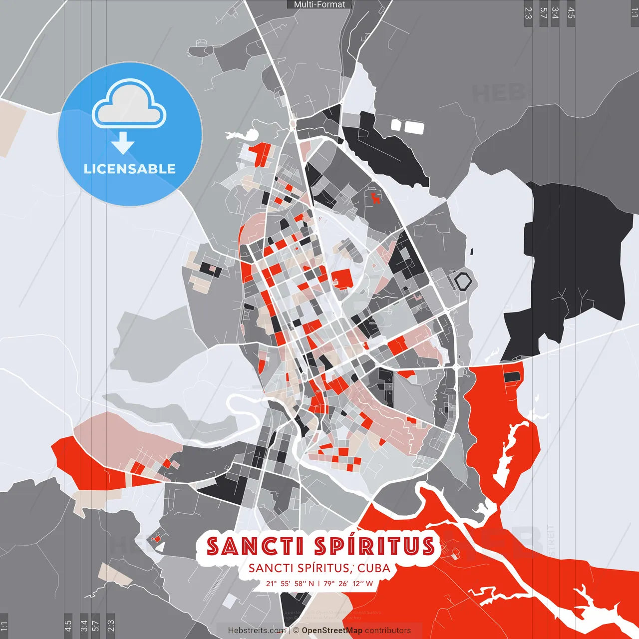 Sancti Spíritus, Sancti Spíritus, Cuba - modern street map poster template with gray and red tones