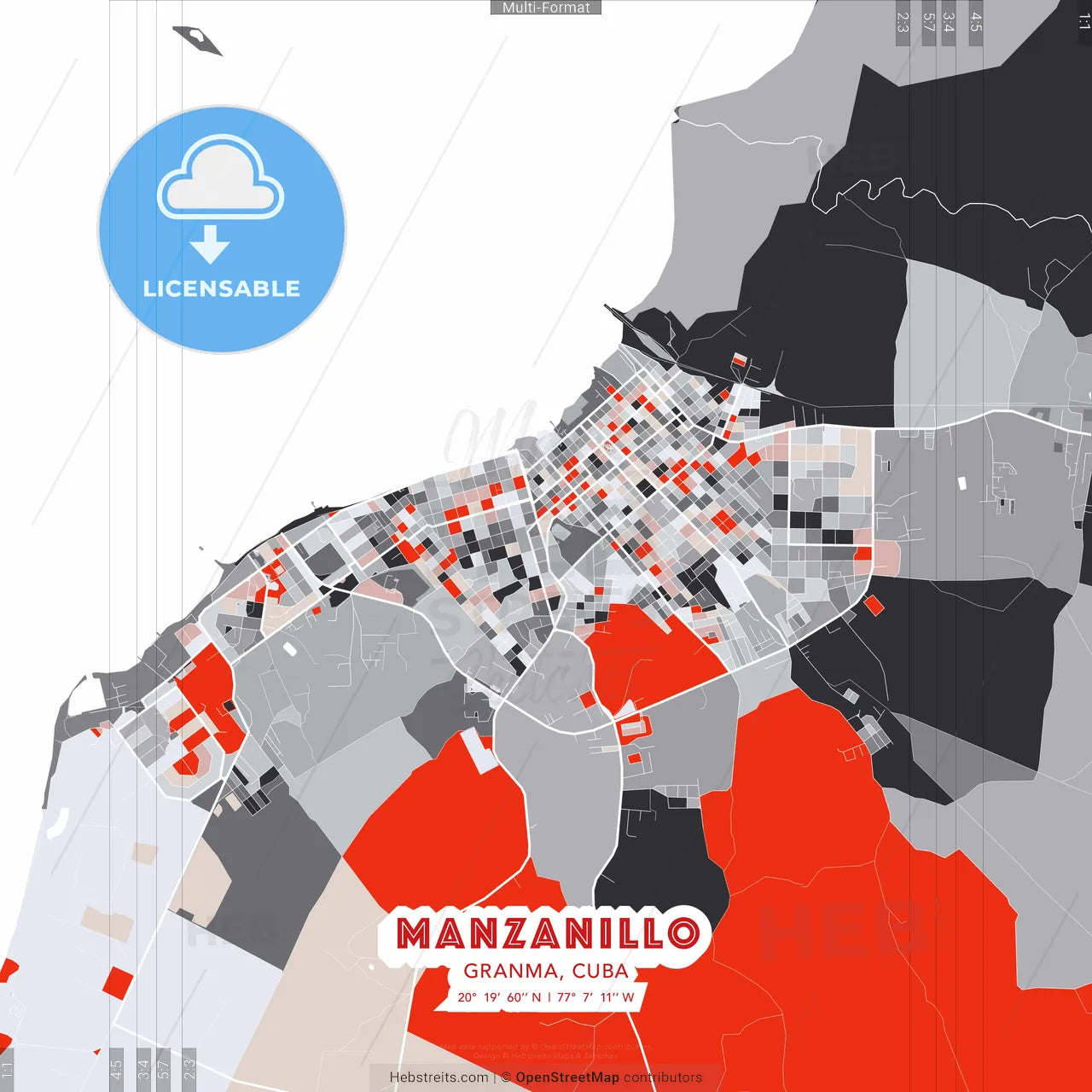 Manzanillo, Granma, Cuba - modern street map poster template with gray and red tones