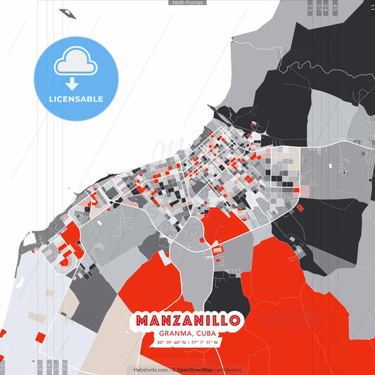 Manzanillo, Granma, Cuba - modern street map poster template with gray and red tones