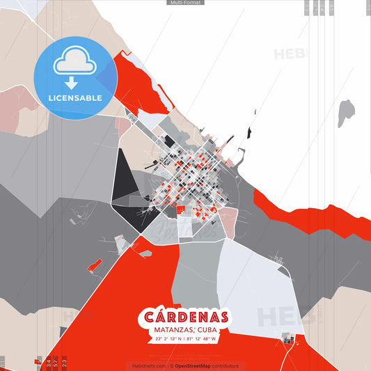 Cárdenas, Matanzas, Cuba - modern street map poster template with gray and red tones