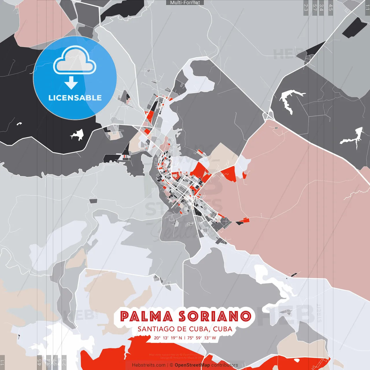 Palma Soriano, Santiago de Cuba, Cuba - modern street map poster template with gray and red tones