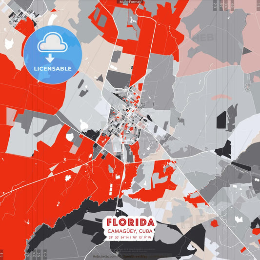 Florida, Camagüey, Cuba - modern street map poster template with gray and red tones