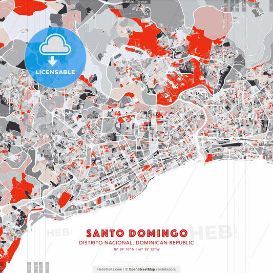 Santo Domingo, Distrito Nacional, Dominican Republic - modern street map poster template with gray and red tones