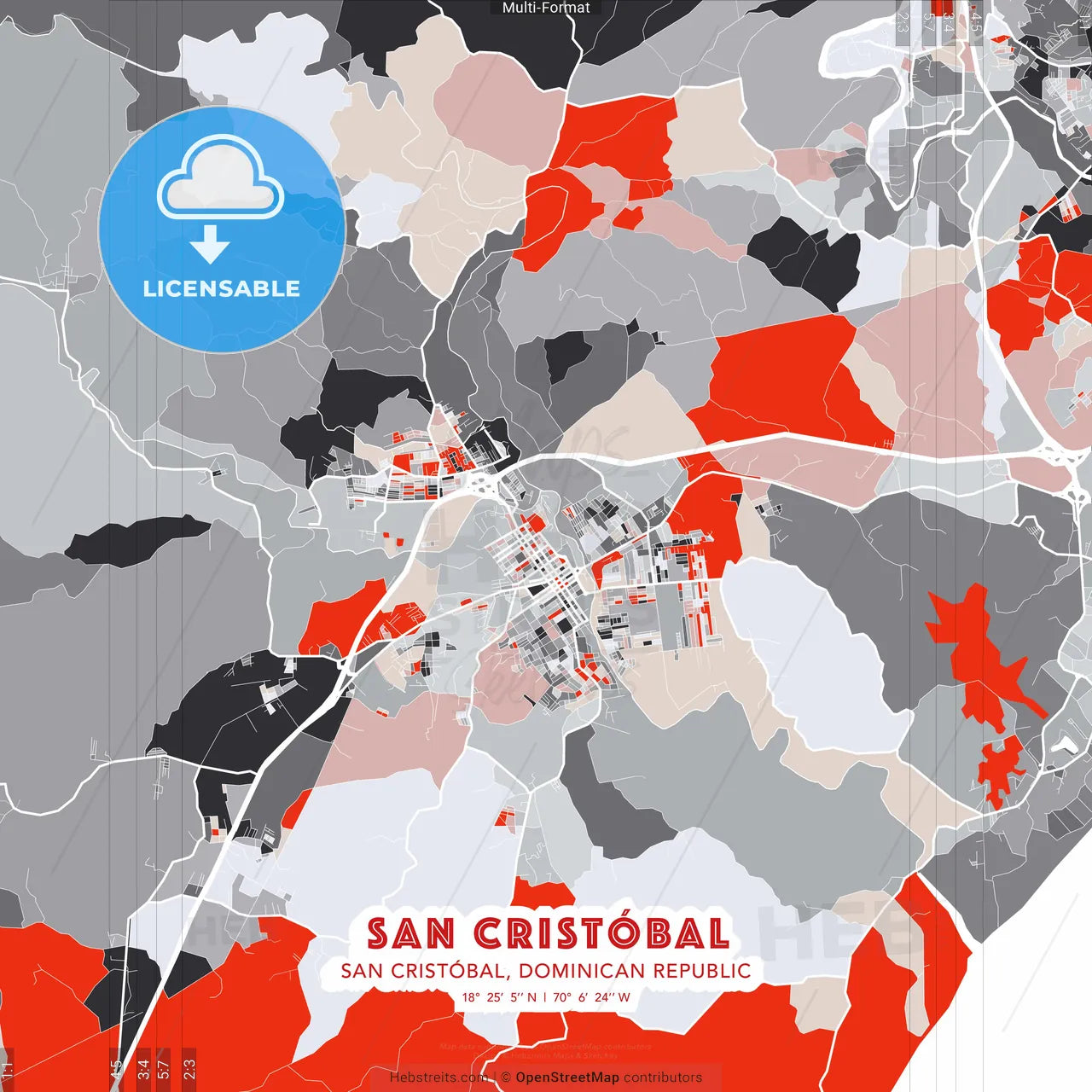 San Cristóbal, San Cristóbal, Dominican Republic - modern street map poster template with gray and red tones