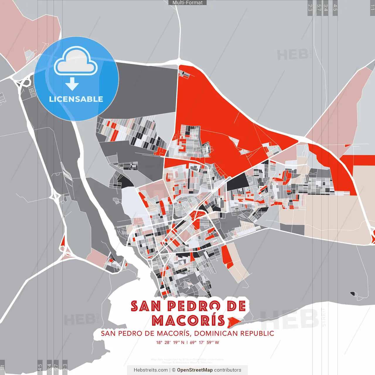 San Pedro de Macorís, San Pedro de Macorís, Dominican Republic - modern street map poster template with gray and red tones