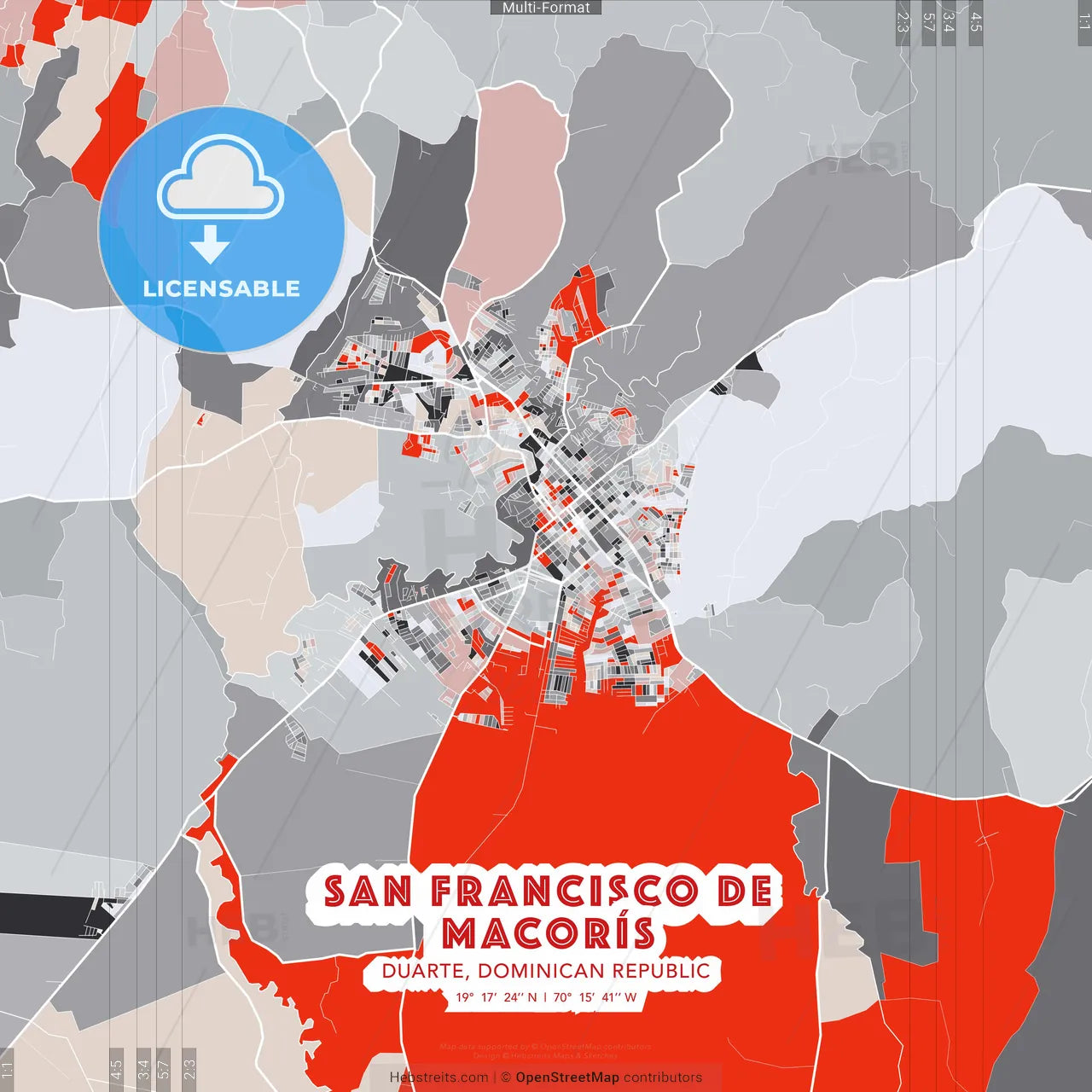 San Francisco de Macorís, Duarte, Dominican Republic - modern street map poster template with gray and red tones