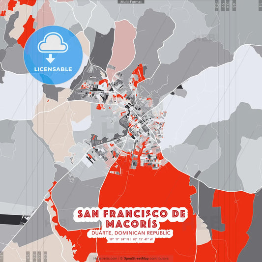 San Francisco de Macorís, Duarte, Dominican Republic - modern street map poster template with gray and red tones
