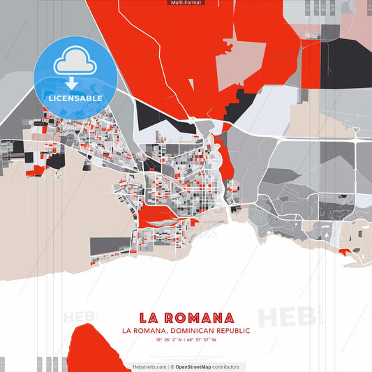 La Romana, La Romana, Dominican Republic - modern street map poster template with gray and red tones
