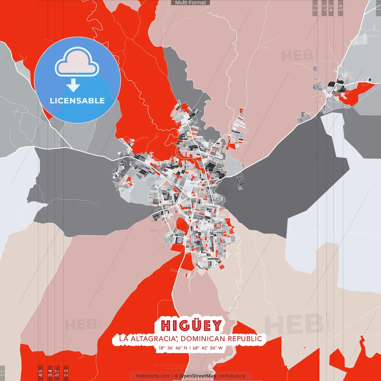 Higüey, La Altagracia, Dominican Republic - modern street map poster template with gray and red tones
