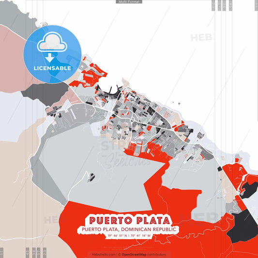 Puerto Plata, Puerto Plata, Dominican Republic - modern street map poster template with gray and red tones