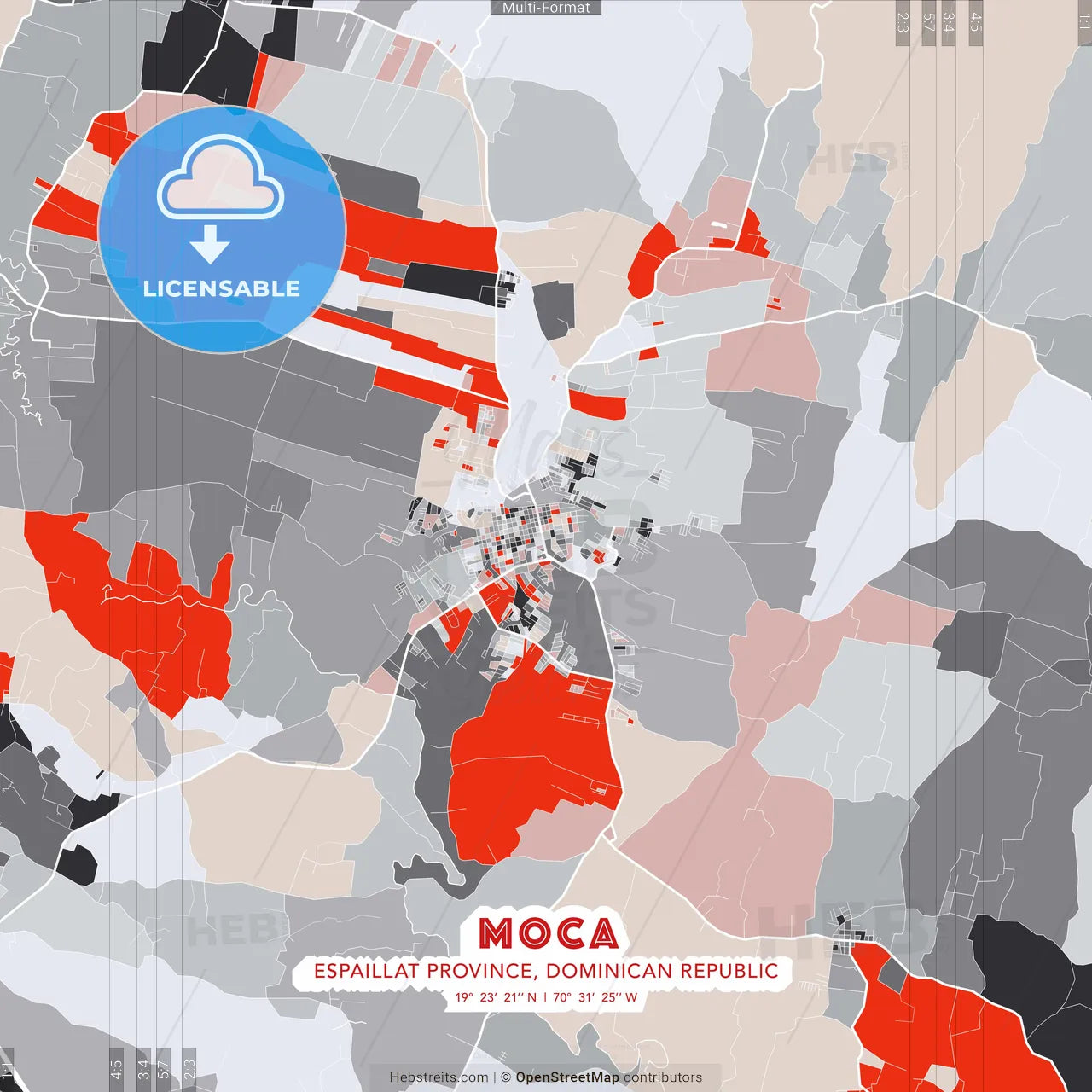 Moca, Espaillat Province, Dominican Republic - modern street map poster template with gray and red tones
