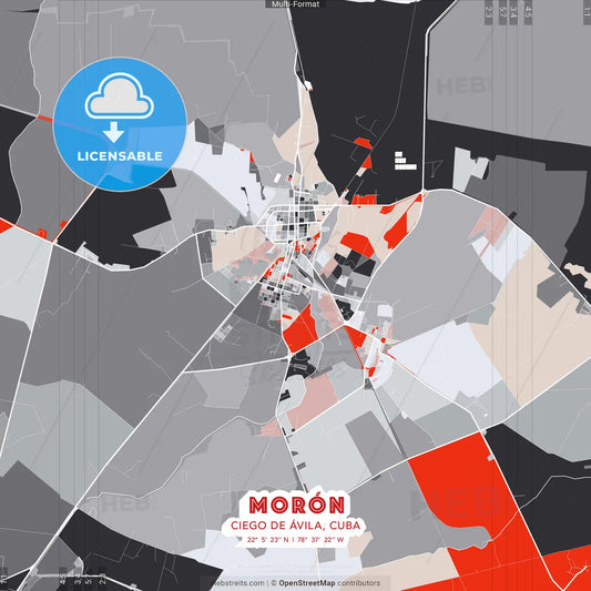 Morón, Ciego de Ávila, Cuba - modern street map poster template with gray and red tones