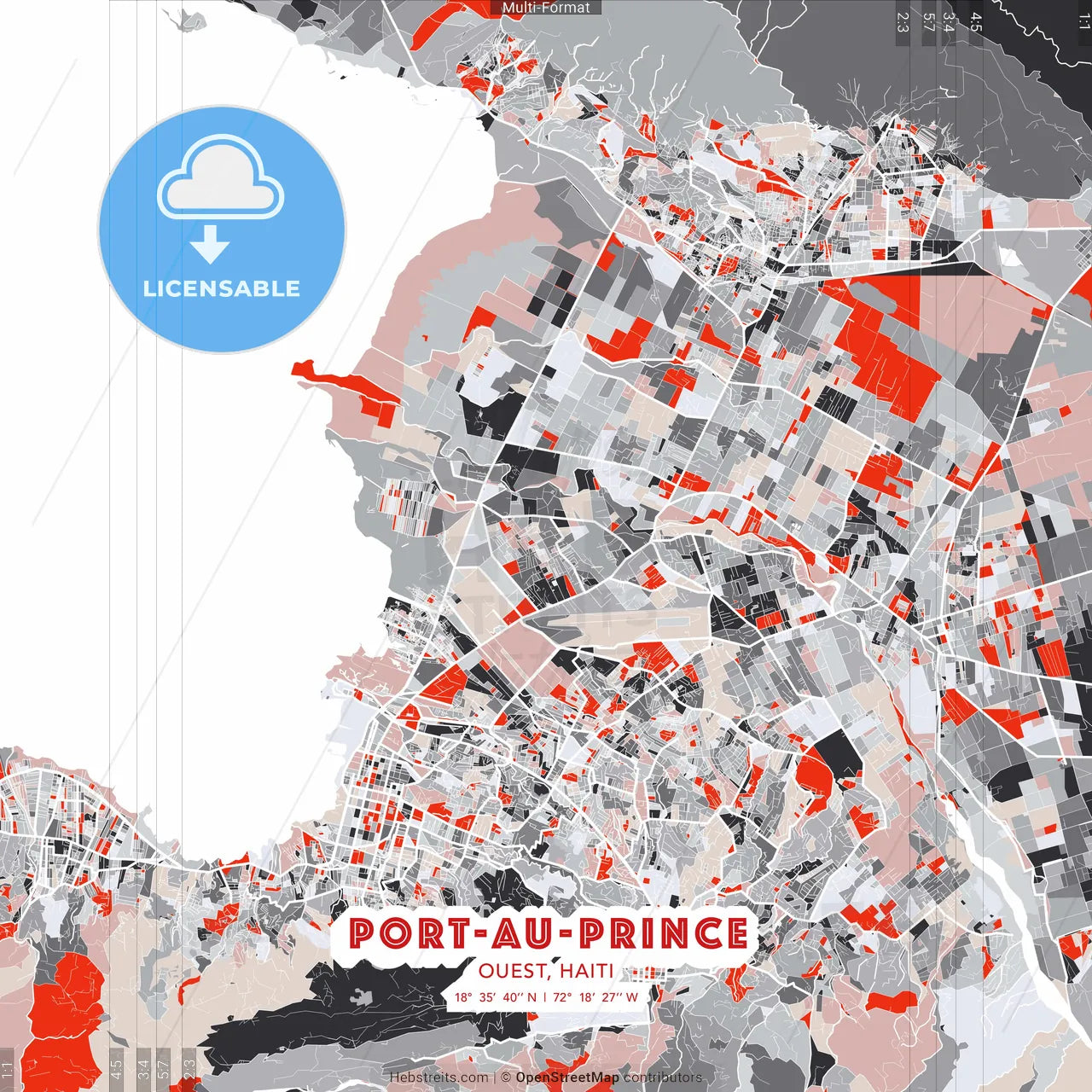 Port-au-Prince, Ouest, Haiti - modern street map poster template with gray and red tones