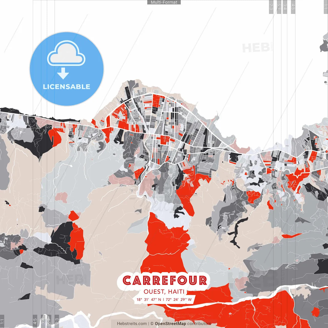 Carrefour, Ouest, Haiti - modern street map poster template with gray and red tones